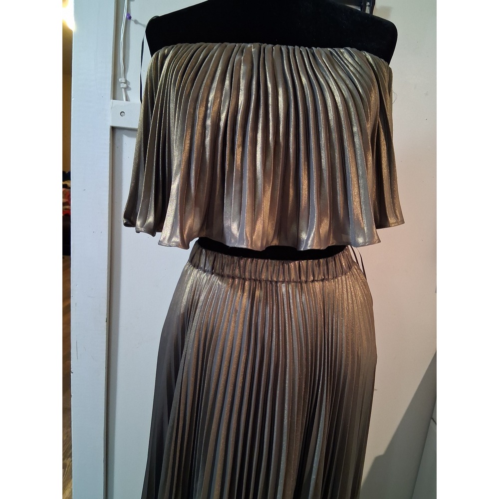 Anthropologie Pleated Metallic Skirt Set Gold Olive Green Strapless Maxi US 6